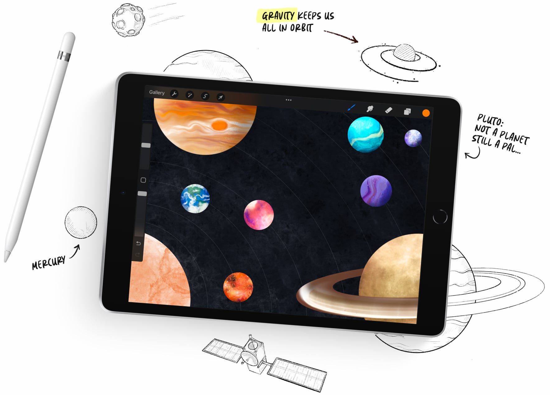 Diagram featuring an iPad and apple Pencil using the Procreate app. A colorful illusration of the Solar System is shown within the iPad, and some sketched element explode outwards filling the space outside of the iPad.